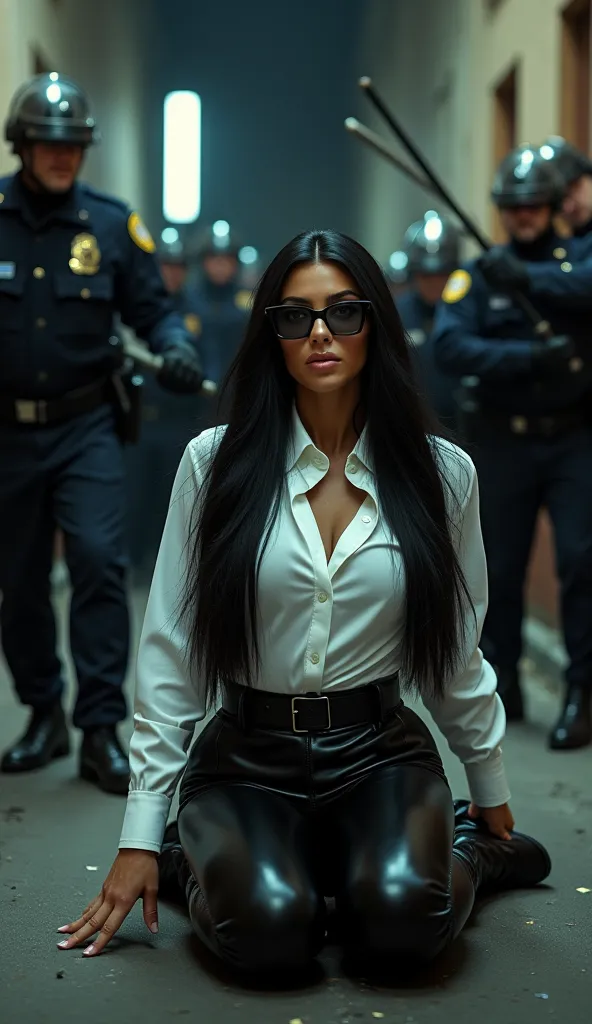 Kim Kardashian in straight black long hair, in a very tight white shirt with collar and buttons, She wears a black latex leggings,she wears a wide black belt around her stomach, big cleavage, black highknees and round glasses, it is in a side street of a g...