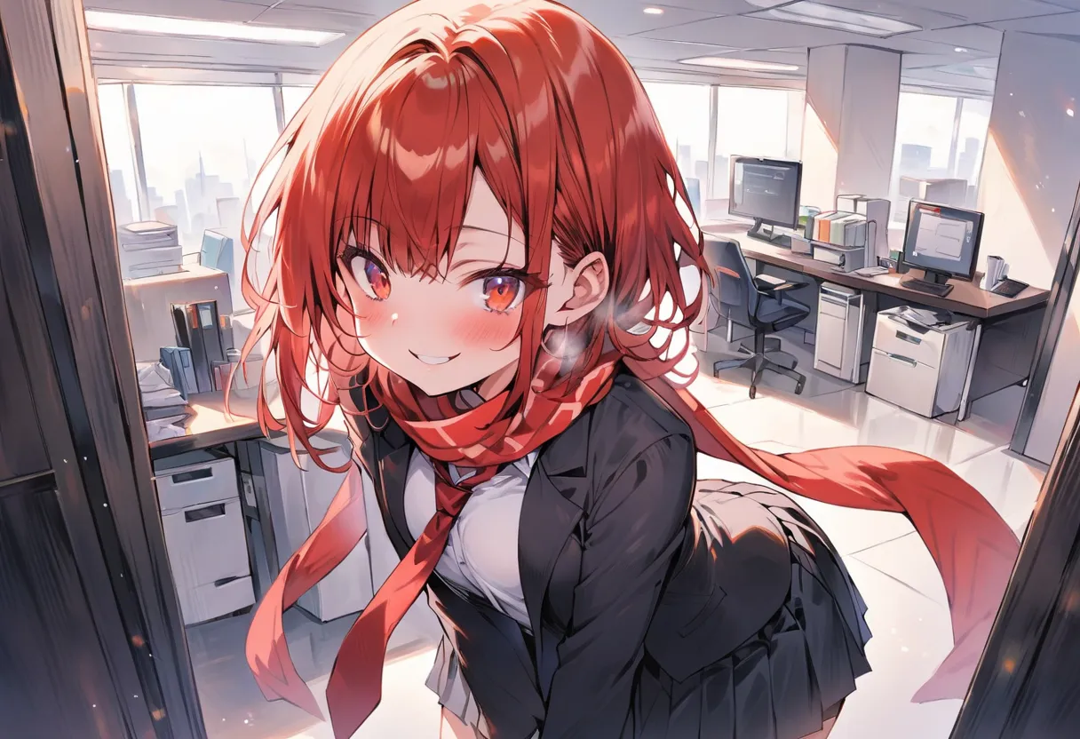 Smiling, 1girl, scarf, solo, red eyes, red hair, skirt, smile, looking at viewer, necktie, black jacket, shirt, white shirt, pleated skirt, long sleeves, indoors, red necktie, black jacket, bangs, black skirt, blush, office, nsfw,standing