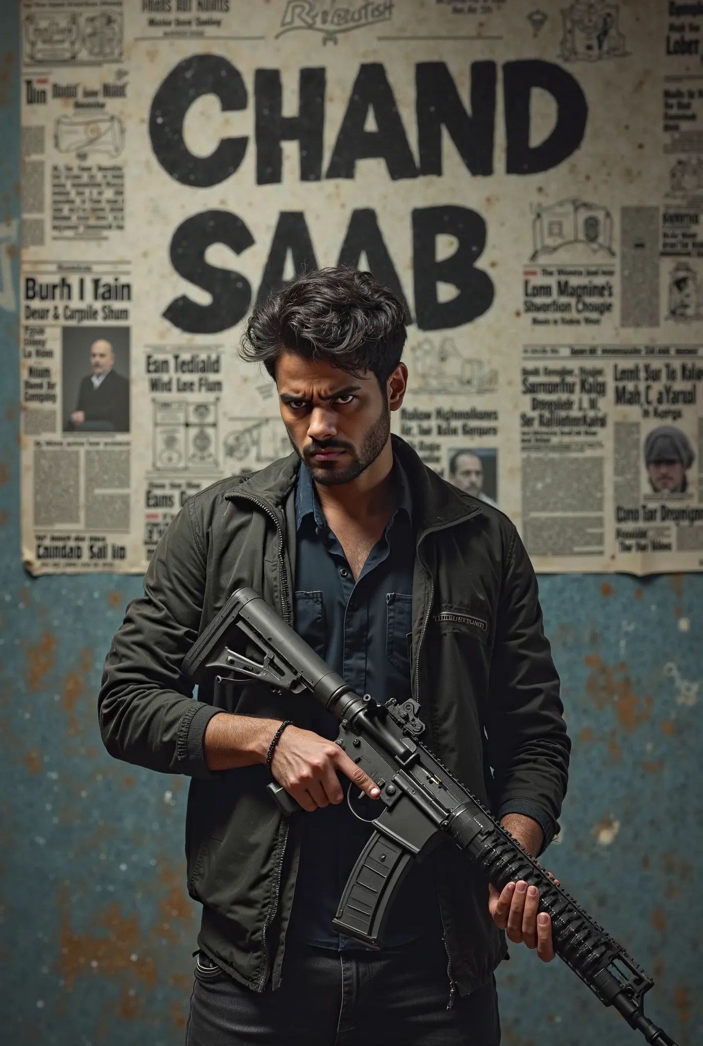 A stylist boy pick up a m416 glacier in angry mood "CHAND SAAB" text on background wall in Black color with multiple headlines 