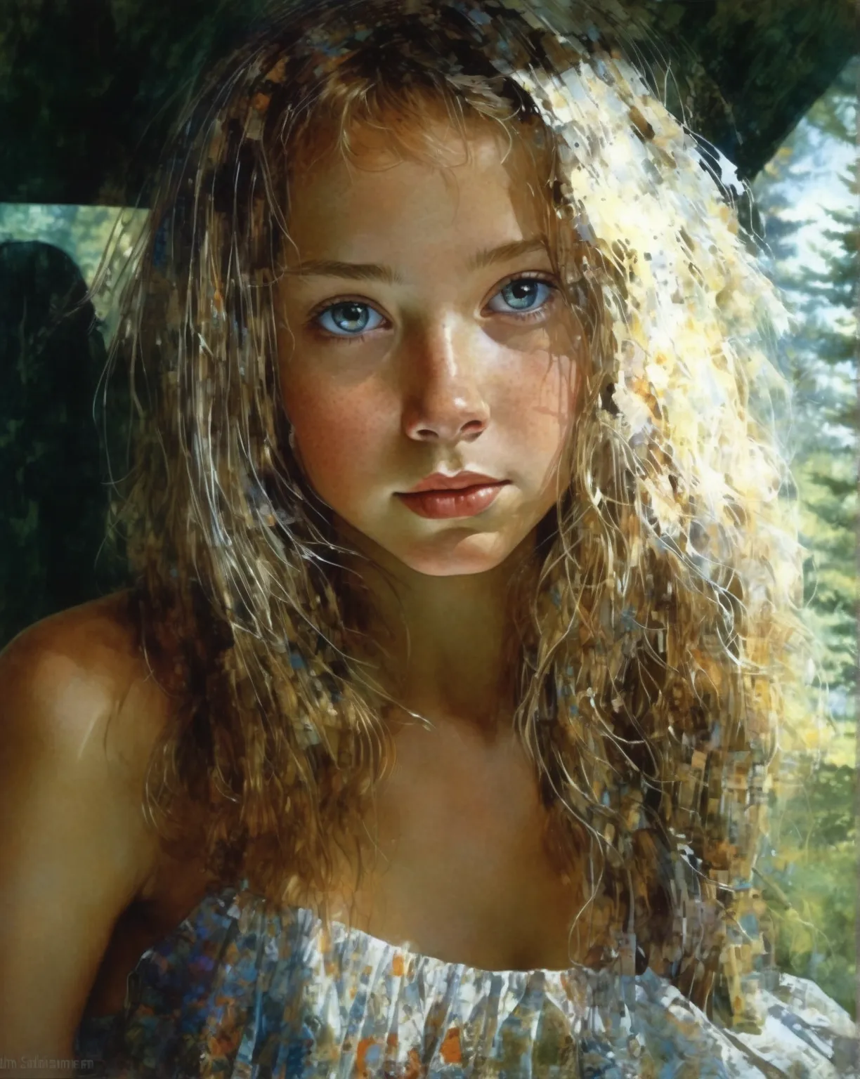 (  frontal portrait  ) young girl.   creative improvisation (Created by John Salminen), (against the background of Ivan SHISHKIN's coniferous forest)