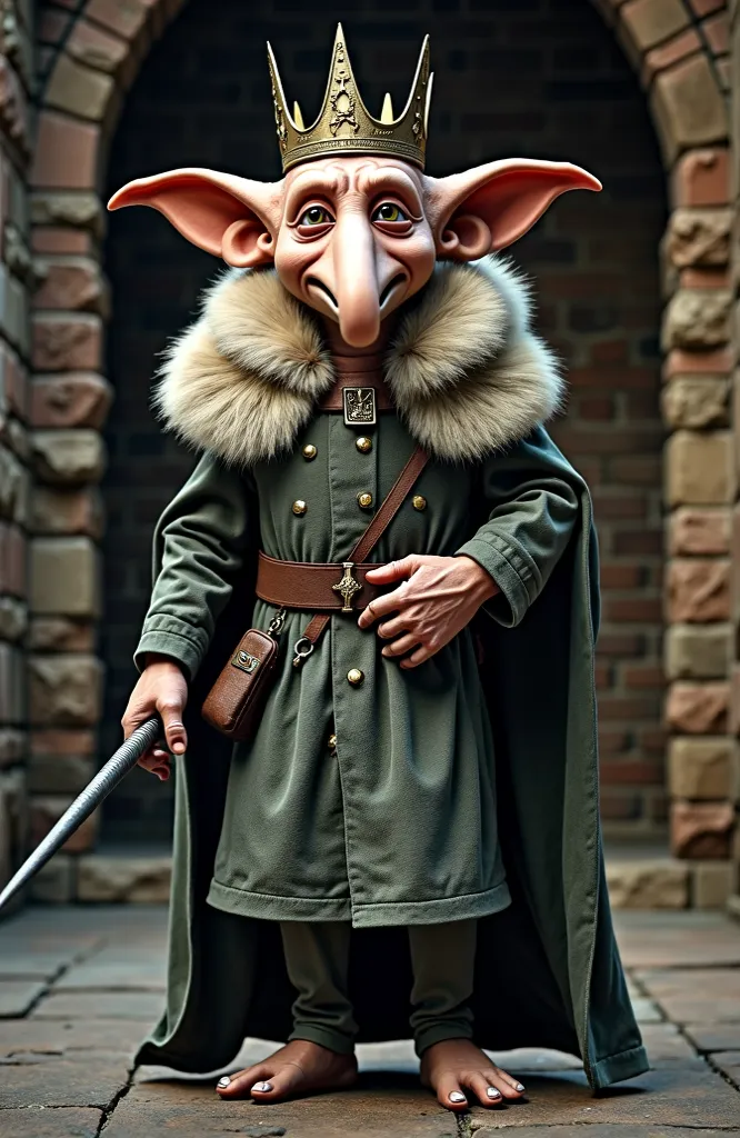 View from front, he look at camera, the creature dobby (((()))), walking ((((long pointed nose)))) wearing ((((medieval king armor and big cape with large collar and fur and a crown inspired by harry potter lore holding a magic wand))), in hogward donjon (...