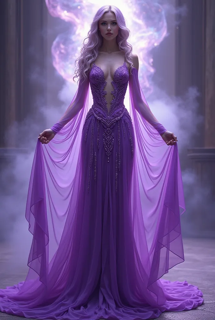 Purple goddess dress with lots of skin showing (no face)