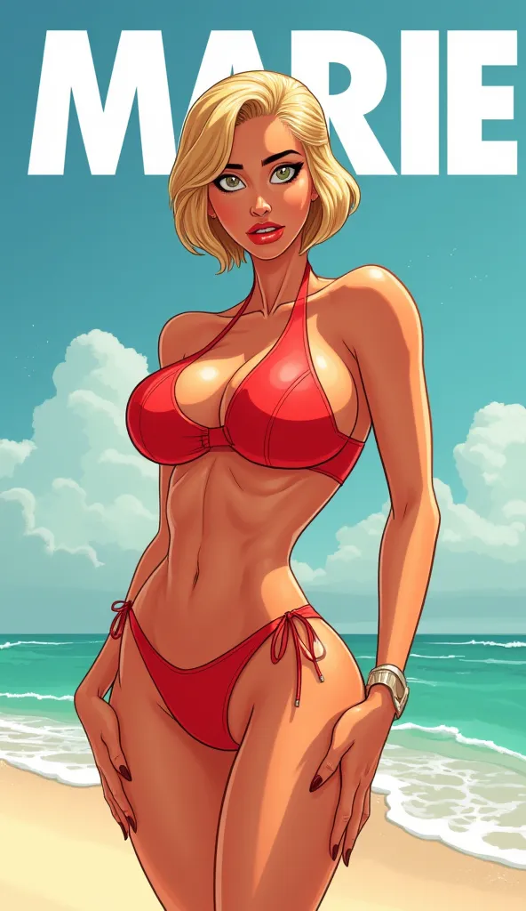 contract, 4K, extremely detailed, cinematic, Marie Claude bourbonnais , caricature of a woman in a red bikini, moving chart standing high with the bold white word MARIE at the top, perfect image, perfect body, perfect anatomy,  sharp image , detailed image...