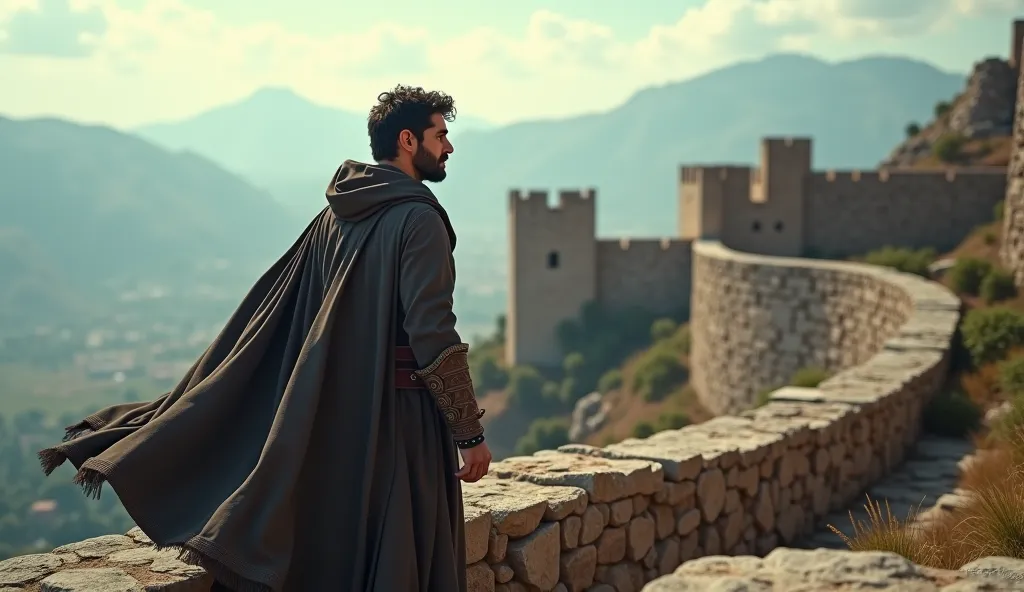 "A close-up shot of the weathered, ancient stone walls of Termessos, with a lone, hooded figure of a middle-aged man with dark hair and olive skin, standing atop the fortifications, gazing determinedly into the distance, the wind rustling his cloak, convey...