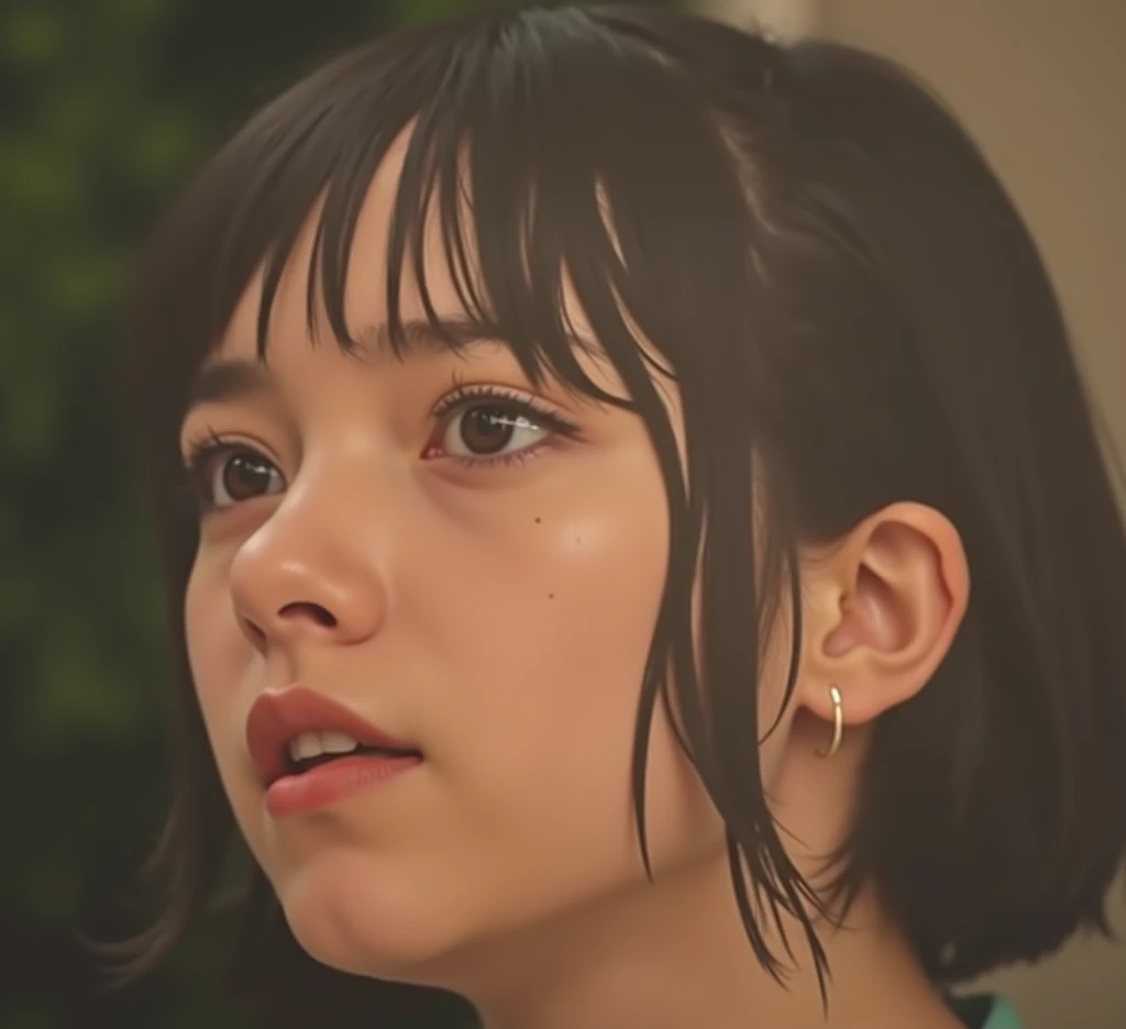 black hair, black eyes, messy hair, nice, arrogant serious look, light green shirt, cool look, pretty , girl, bangs, short hart, shoulder length hair, realistic girl photo