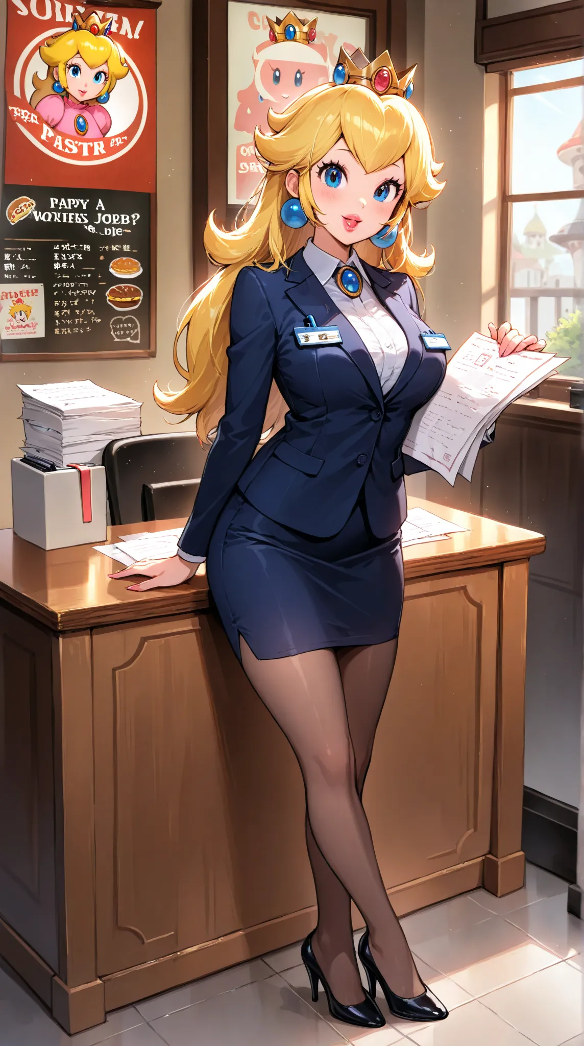 Princess peach , wearing office uniform ,  high-heels, happy, applying for a job, happy, man interviewer, desk and paper, holding papers, restaurant posters 