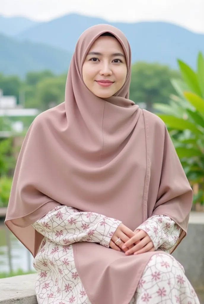 One 35 year old Indonesian beautiful woman wearing hijab, wearing a olive pink dress with a floral pattern, a beautiful face, sitting alone wearing white sandals, she is smiling at camera,background, beautiful garden in Korea, bright and cool cloud mountai...