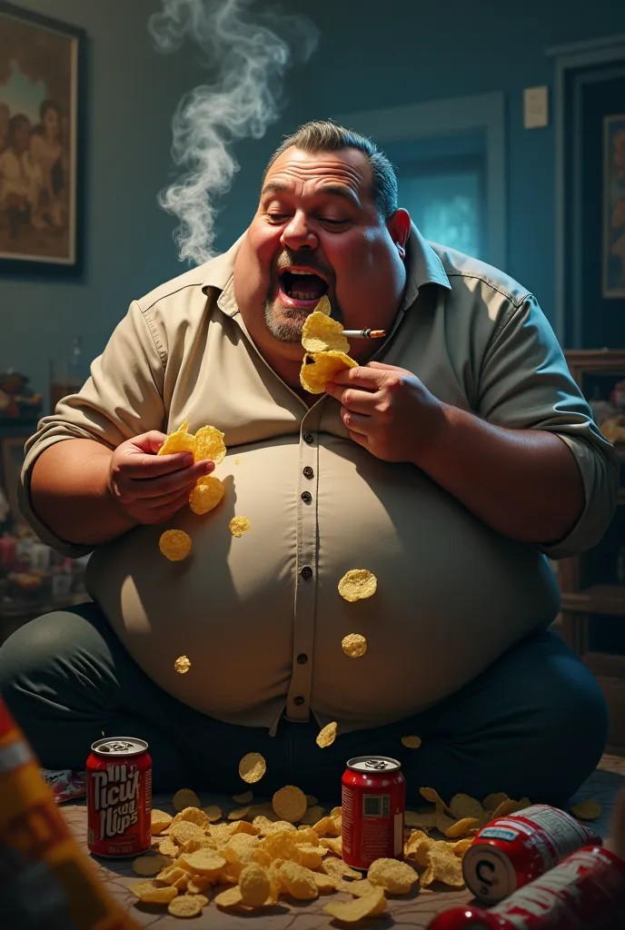 Generate me a fat man who smokes 9k puff while eating chips 