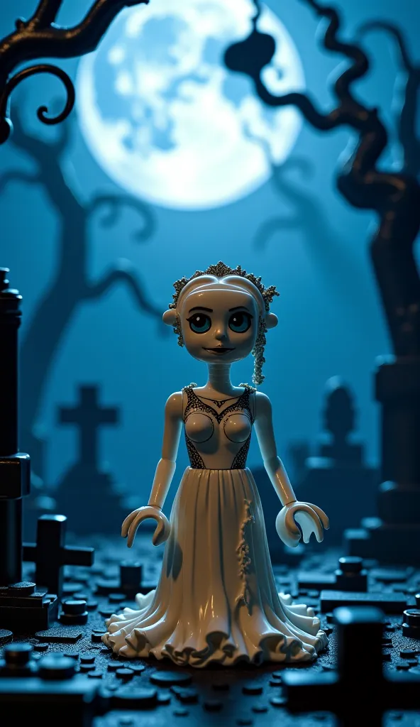 Create a LEGO minifigure of the  Bride, personagem do filme 'Corpse Bride'.

The background must represent a dark and mysterious cemetery, with bluish mist and a full moon illuminating the scenery.