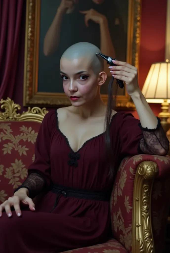 (((pale skin bald demon woman))), in bedroom with evil seductive sexy vibe, (((completely bald head))). (((she is holding in her left hand a "Wahl" hair clipper))). (((She is holding in her right hand long cut strands of dark hair))).  well lit, the scene ...