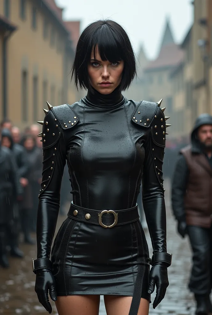 In the center of the medieval square, dressed in rough tight rubber embossing, a tight closed turtleneck dress with a high neck and with spikes and studs and sleeves,  woman . The material shines unnaturally, tight,  high boots, thigh-high boots, bob-cut, ...