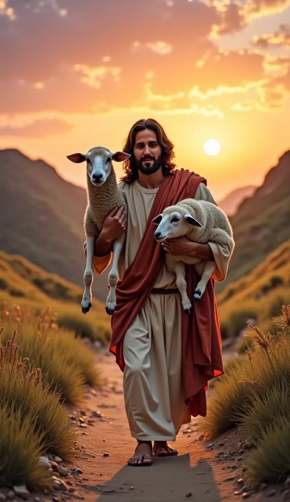 Jesus Carrying the Sheep on His Shoulders
Scenery: A narrow path between hills,  with the sunset in the background .
 Description : Jesus walks slowly, with the sheep wrapped around his shoulders. His expression is one of relief and joy, while firmly holdi...