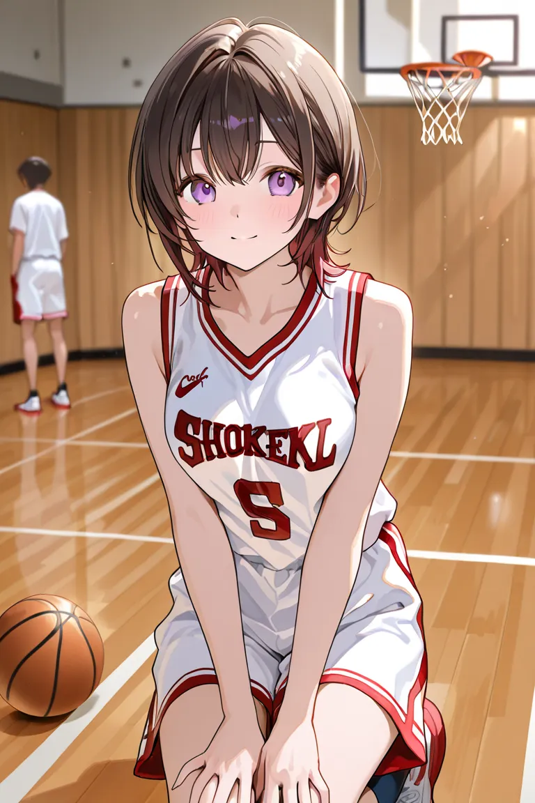 girl in a basketball jersey with medium breasts