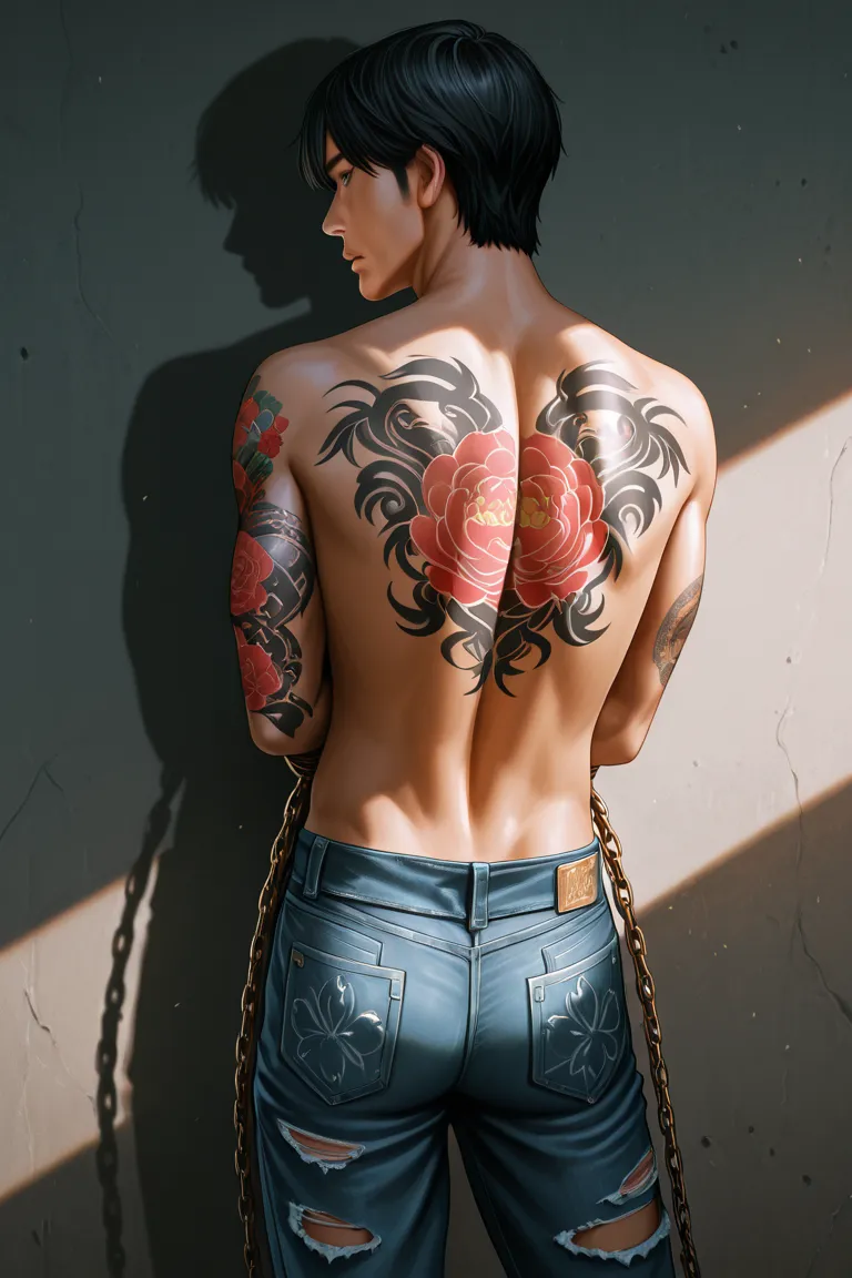 1 man without a shirt, black hair with bangs, yakuza tattoos, ripped jeans, tied up in chains, realistic, anime art, light and shadow, detail