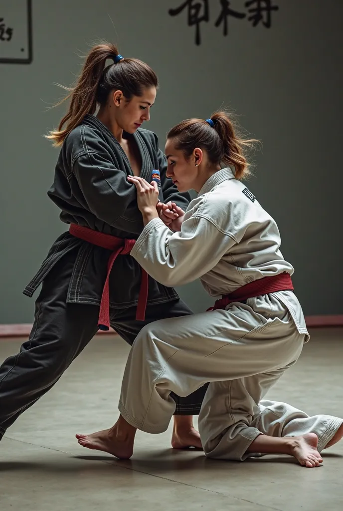 Two women doing a jiu-jitsu fight with kimoni on a mat, with the slogan in the footer "Tuesday and Thursday at 18:00:30"