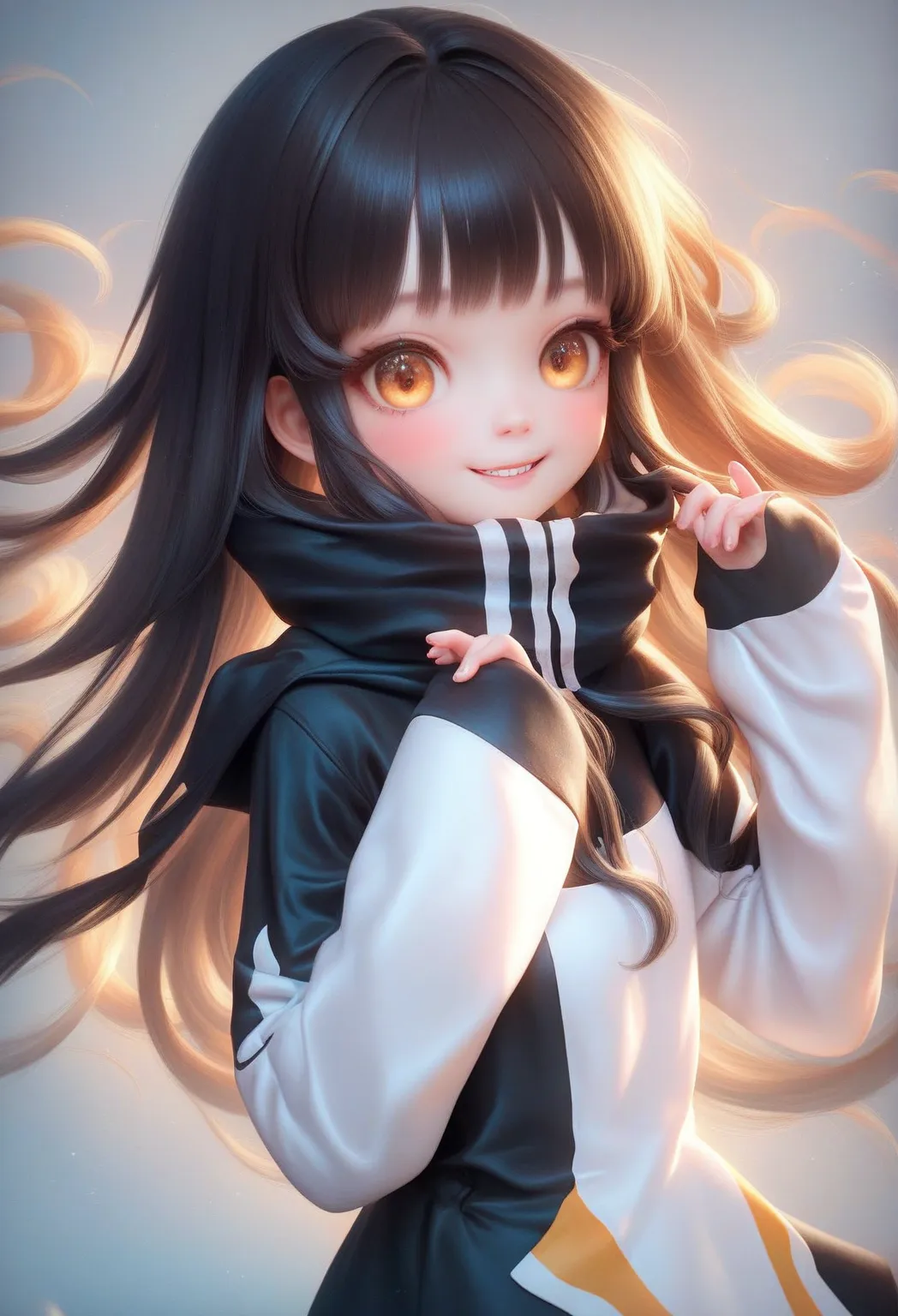 In the kitchen,
a girl wearing a penguin-themed outfit and an apron with extremely long black sleeves,

Black hair, golden eyes,
(((longest hair, abnormally long hair, unusually long hair))), 

a penguin-designed outfit,
a costume with a penguin-like color...