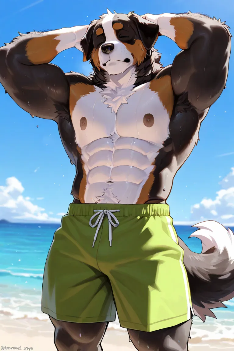 (masterpiece, 4K, ultra detailed) a dog furry, bernese mountain dog, furry, masculine, shirtless, alone, blue sky, sea, sweat, hairy, closed eyes, wide body, muscular, eight-pack, abs, green shorts, smooth lining, anime
