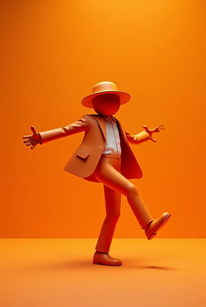 White 3D Stickman , dressing circular hat and suit orang color , Dan soul dance pose, in side orange  color sound studio ,  