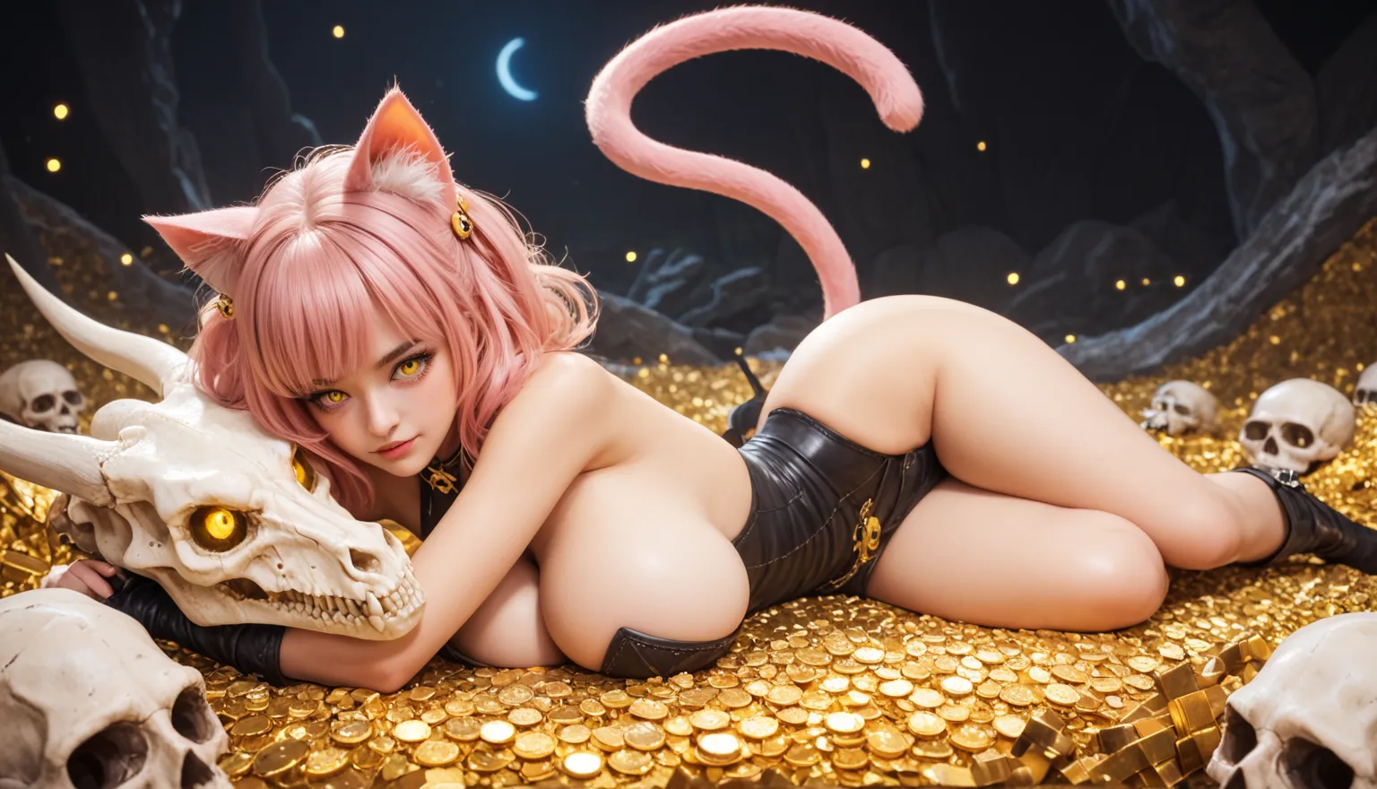 masterpiece,amazing quality,  best quality,ultra detailed,24K,Illustration, cat girls,  pink hair,  big breasts 1 .5, cat taile, cat ears, yellow pupils , lying on a huge dragon skull, surrounded by a large treasure,  dnddarkestfantasy