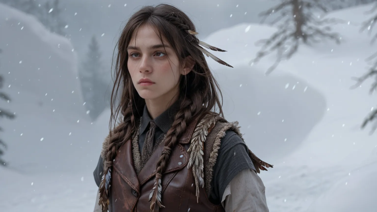 The image features a person wearing a rugged, sleeveless leather vest adorned with braids and feathers. The background appears to be a snowy or misty landscape.