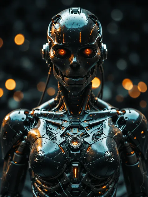 masterpiece, best quality, amazing quality, portrait, front view, man, male, cyborg, mechanical face, human-robot hybrid, grim face, looking at viewer, black background, depth of field, bokeh, dark theme