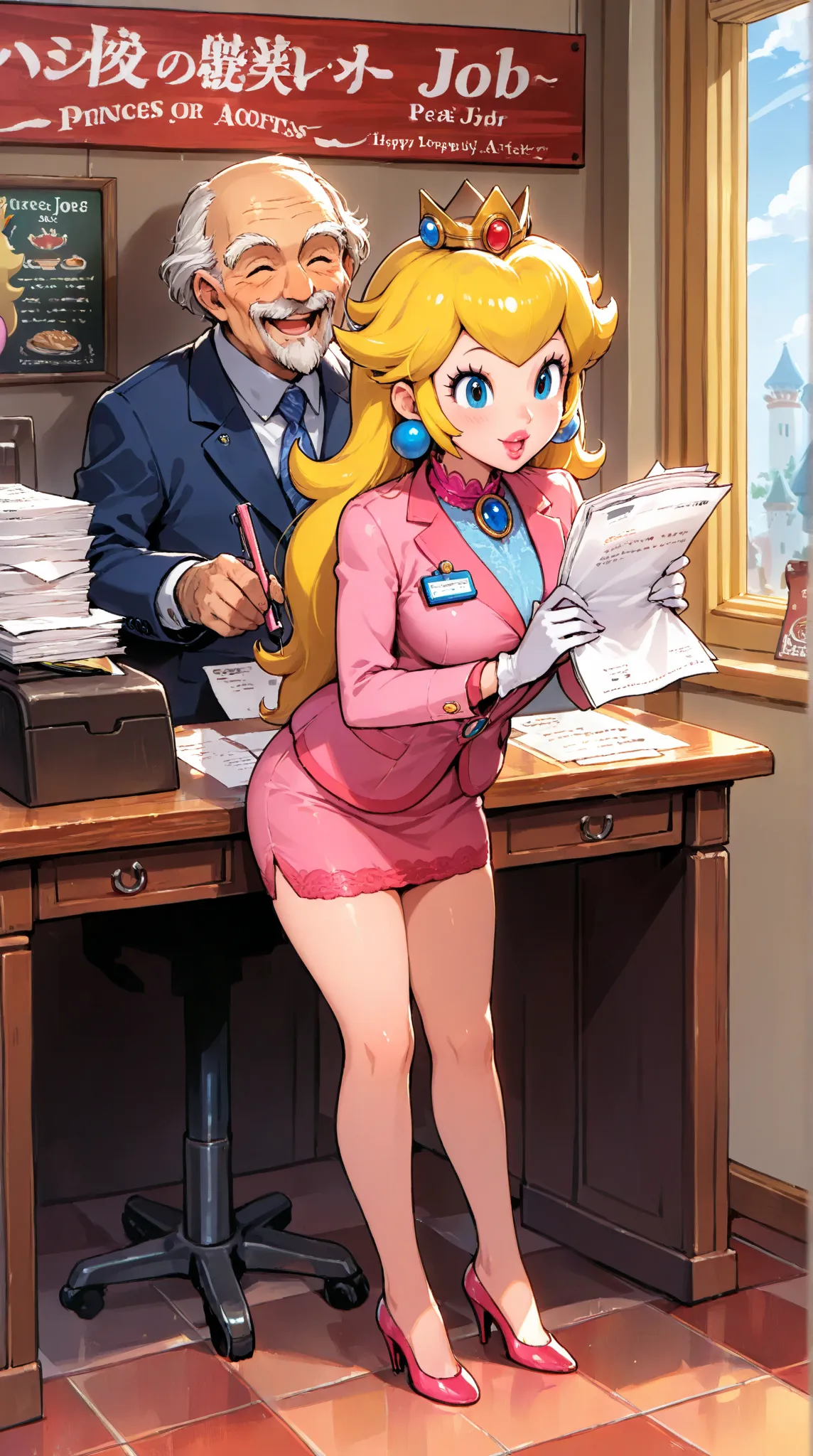 Princess peach , wearing office uniform ,  high-heels, happy, applying for a job, happy, old man , desk and paper, holding papers, restaurant posters 