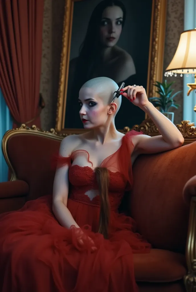 (((winged pale skin bald demon woman))), in bedroom with evil seductive sexy vibe, (((completely bald head))). ((she is holding in her left hand a "Wahl" hair clipper)). (((She is holding in her right hand long cut strands of dark hair))).  well lit, the s...