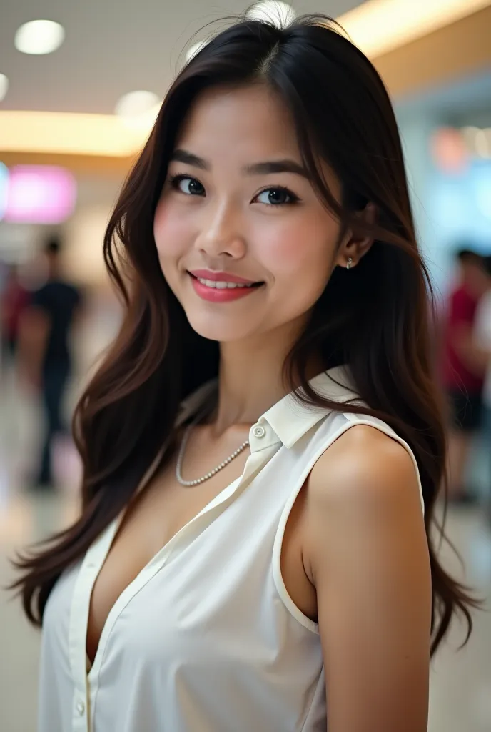 depict a beautiful 22 years old Indonesian Batak woman with quite large breasts, her skin is bright white, using sleeveless shirt, background at mall, the photo take from side, the photo was taken from head to toe, HD, she made a cute face