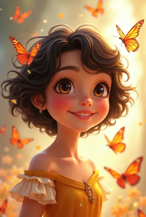 Happy princess with butterflies curly hair dark brown hair short hair 