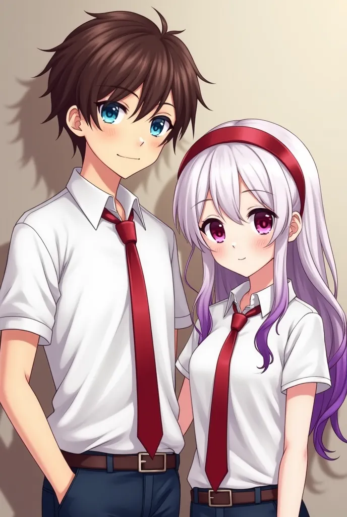 Create a couple with anime style, El Chico Cabello Café, with blue eyes, Let it be half brown, her clothes that are a white shirt with short sleeves, and a red tie , And the girl who has ruby eyes, your hair that is long with white color with purple tips, ...