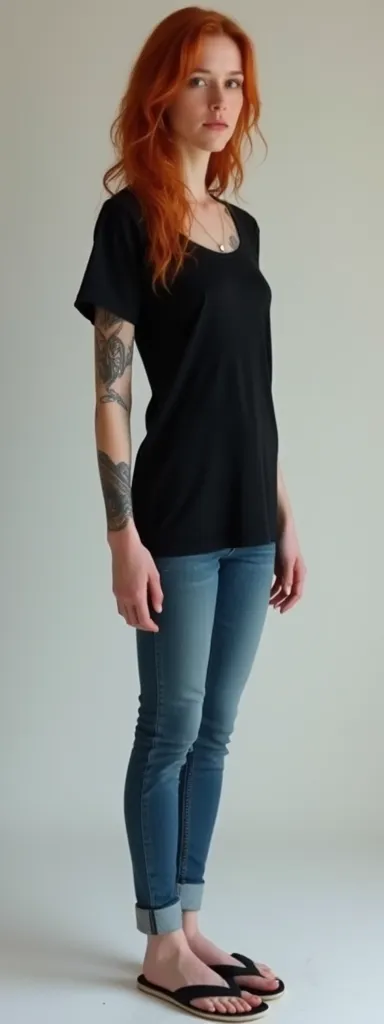 A thin white redheaded woman with a pink face basic tight black shirt without symbol wears jeans and flip flops with one arm with a long black sleeve on one arm and arm tattoos realistic medium-distance photo showing her full body 