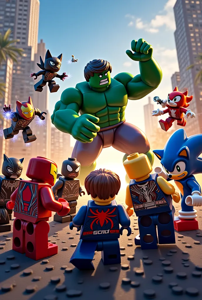 Lego marvel vs sonic, With the characters Iron Man, thor, black phanter, Black Widow, Captain America,  Spider-Man , shadow e tails do sonic, hulk