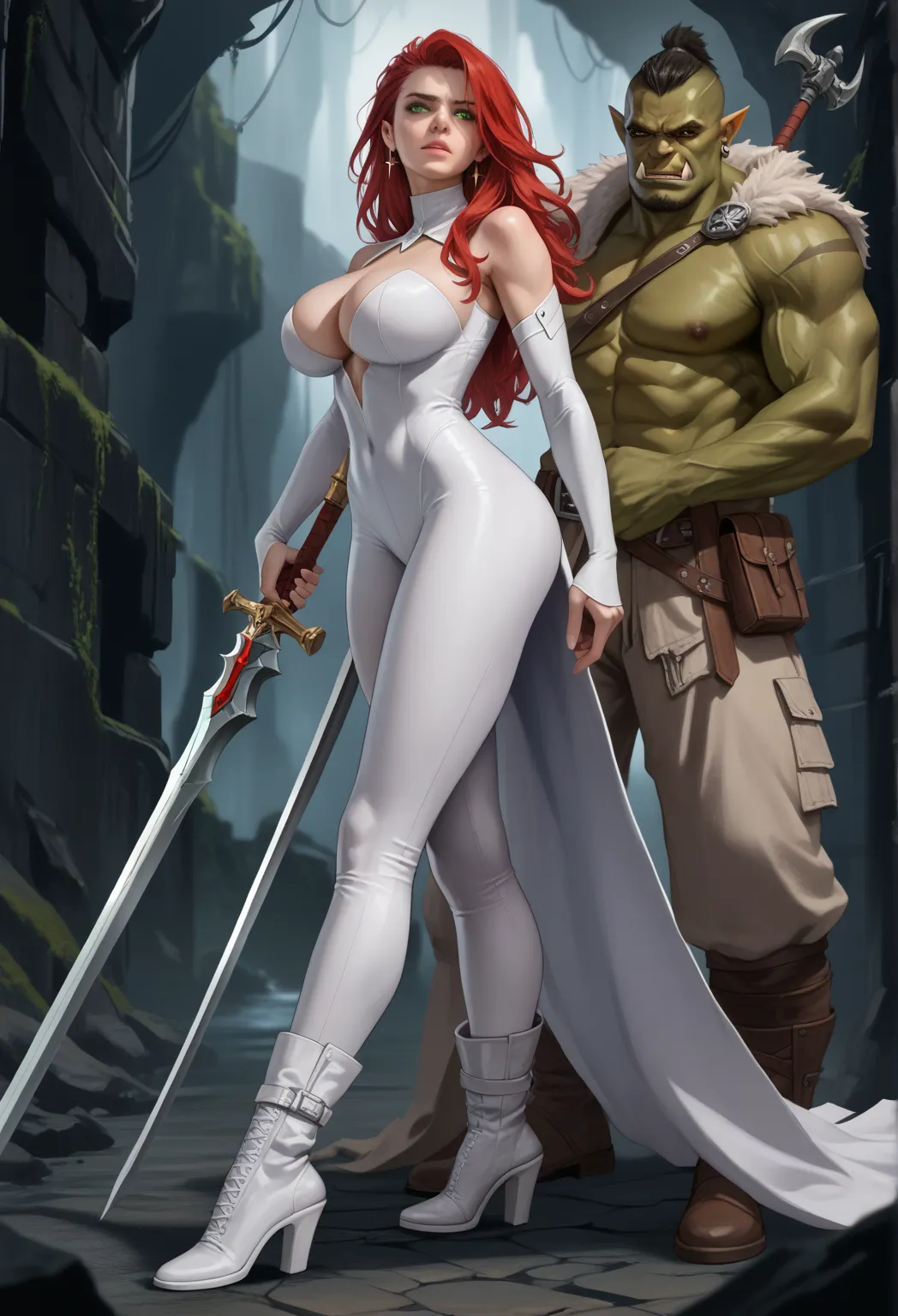 fantasy, a human woman of abour 23 years of age, with green eyes, red hair, long mane, spiky hair, resembling Steyr, wearing a tight white top with cleavage, tight white trousers, white boots, white cloak, wielding a greatsword, big breasts and ass in a fa...