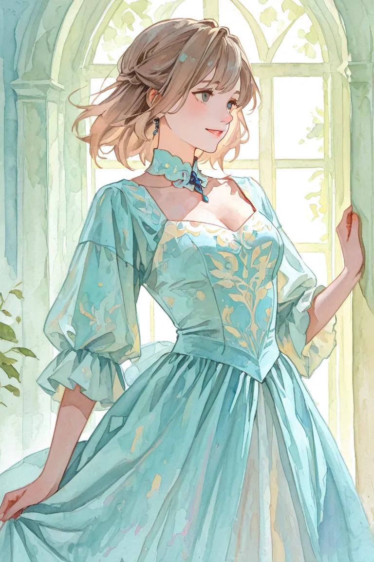 Watercolor painting of a princess with long, straight, light brown hair, wearing a cream-colored dress. Lovingly held by tall and strong knight.