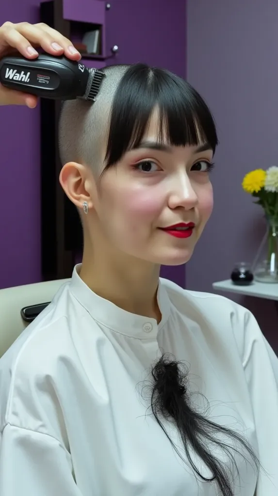  Close up of an elegant woman sitting on a white barber chair, getting a bald headshave. She is very nervous, scared, excitedly smiling ((looking directly at the viewer)). ((((A "Wahl" hair clipper is shaving her head:1.5)))). (((Her head has been cleanly ...