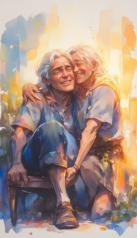 watercolor painting of a kneeling man crying in the embrace of a very old woman. the kneeling man is sad, crying, weeping in tears. the old woman is seated on a chair, smiling warmly, hugging the kneeling man. full body shot of the two people. warm glow su...