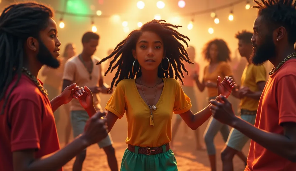 Jamaican reggae band members playfully pull the girl to the dance-floor—she shakes her head but starts swaying slightly. Focus on the girl.