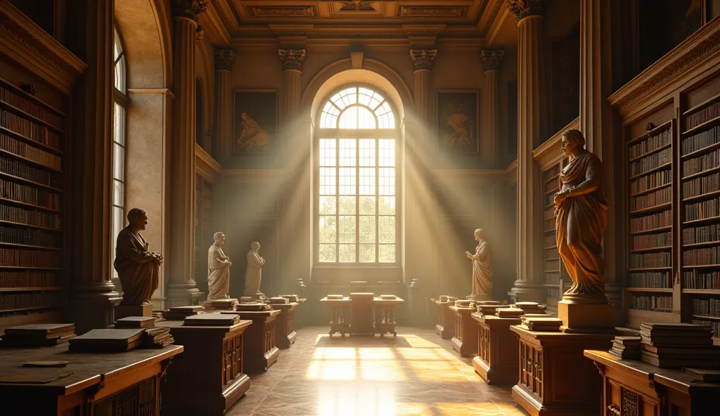 a grand old library forgotten by time, filled with marble books and statues of stoic philosophers, rays of golden light streaming through tall windows,  creating a sacred and inspiring atmosphere , aspect ratio 16:9