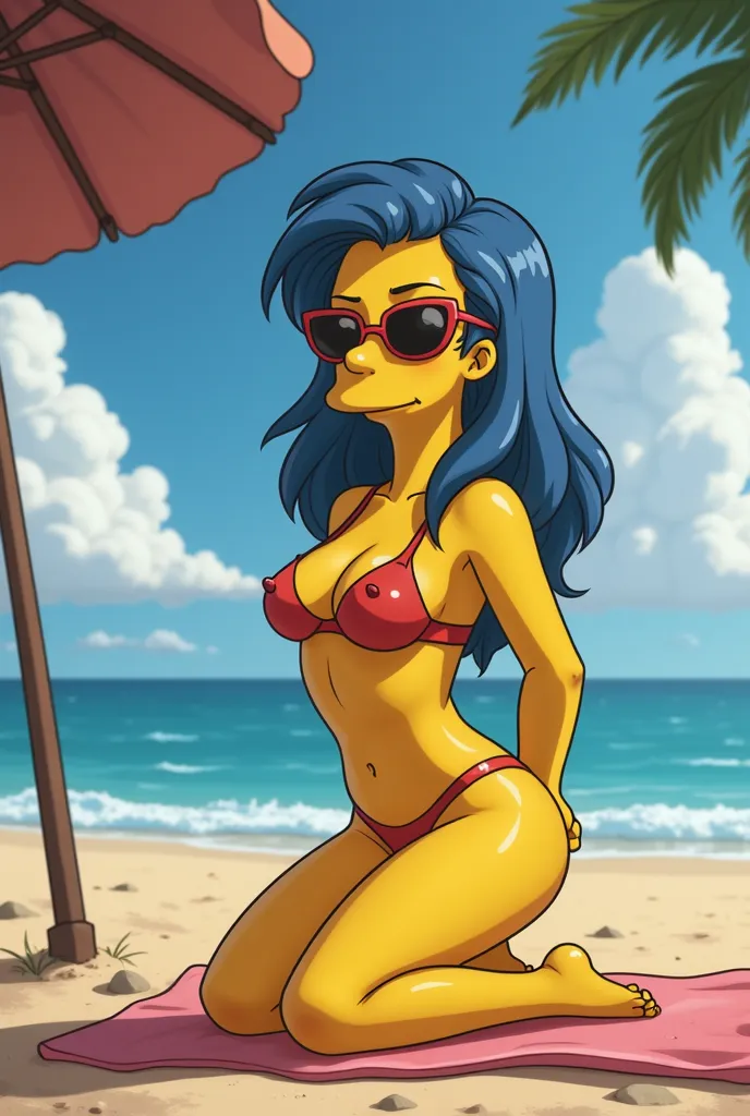 (NSFW:1.4, Marge Simpson kneeling down topless wearing a red thong and red sunglasses, huge naked breasts, perfect breasts with hard nipples) "Marge Simpson from The Simpsons relaxing on a sunny nude beach, kneeling comfortably in the warm sand. She's topl...