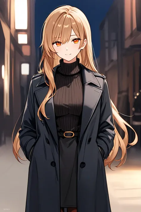 A woman aged 25 with brown blonde long hair, orange eyes, wearing a black turtle neck sweater under a black trench coat