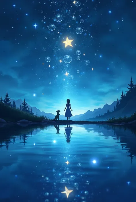 A dazzling lake reflecting the starry sky. Magic bubbles float above the crystal clear water, each containing a bright star. Lila is standing on the edge of the lake, looking at your reflection, while the cute dragon watches beside you, encouraging her.