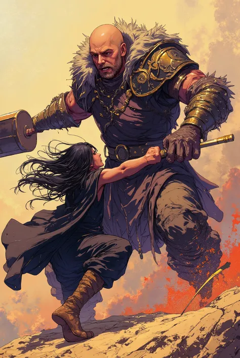 A linear illustration, masterfully colored in pencil in vivid colors, is a scene of high action and movement, which represents the hand-to-hand fight of a giant against a man wear jet black wizards outfit with shoulders amour. The Giant is bald and has a b...