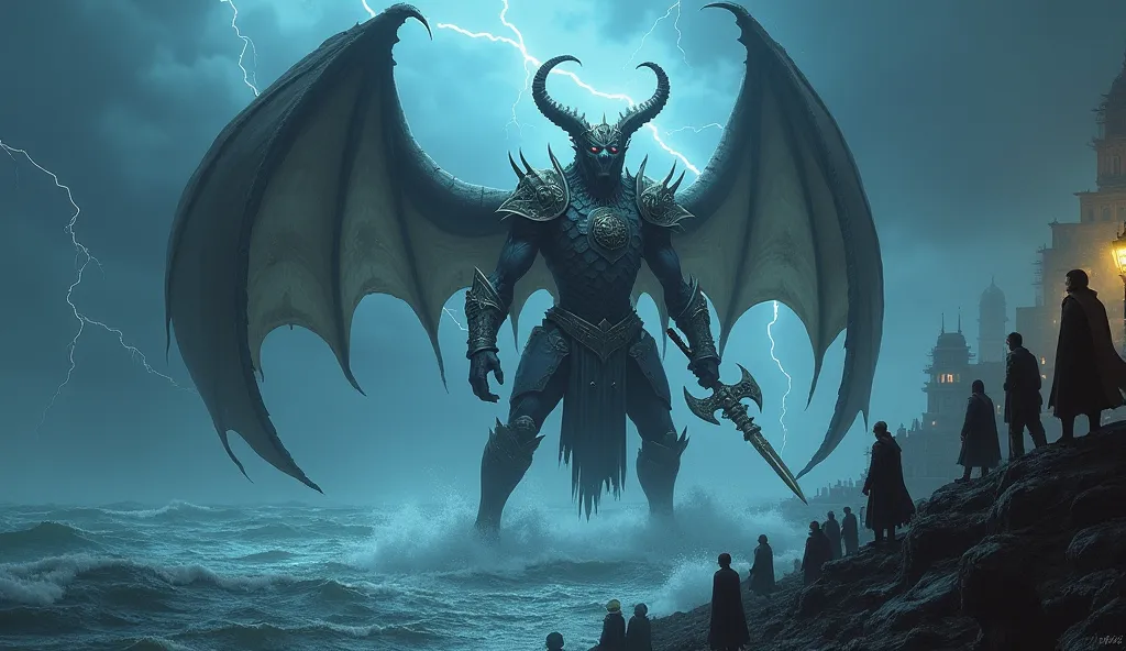 A giant Nephilim ,  with myanmar armor and an ancient weapon ,  defending a city from a sea monster .  Humans look on with amazement and gratitude from the city walls.  The background must be a rough sea , with lightning and lightning illuminating the sky ...