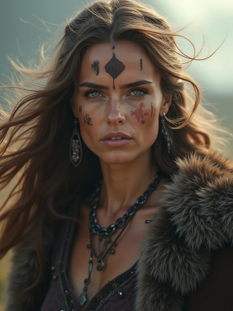 "high definition (Full HD, 8k) epic portrait: she has underwear bearing battle marks on her. The first is a long, The feeling of depth and textures is extremely pronounced. Two Viking warrior women of timeless beauty. His wavy beautiful hair is blown in th...