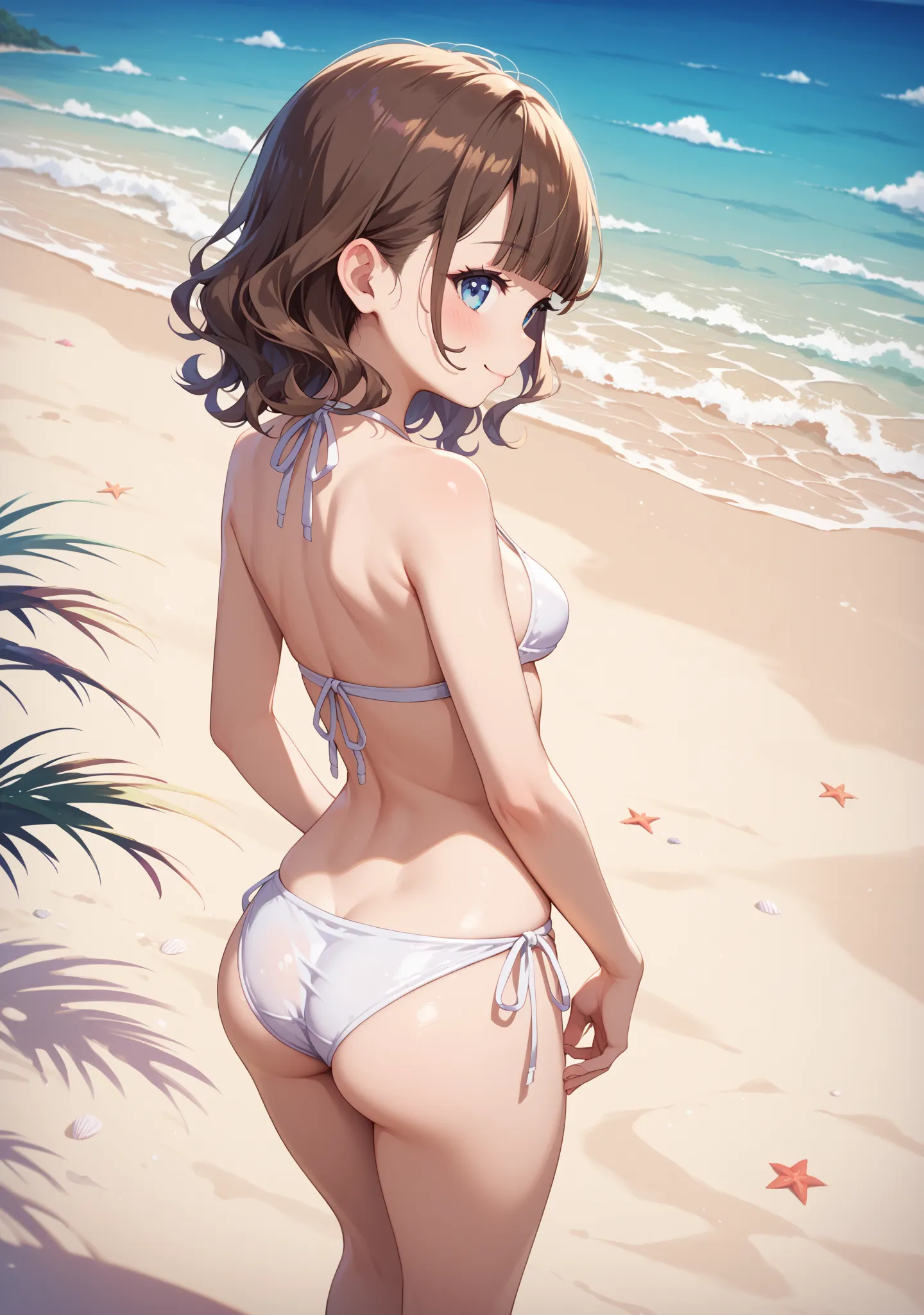 back view, standing , Sticking out the buttocks , from behind view, loli, petite, medium breasts, pale skin, brown hair, medium hair , wavy hair , blunt bangs , blue eyes, natural make up, playing in beach ,  smile , blush,  ((white bikini)) , ((simple bik...