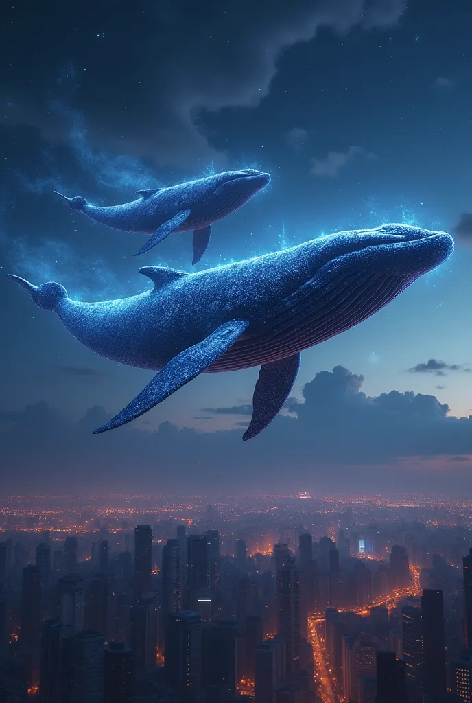 2
a couple of whales are flying over a city at night, digital art by Alexander Kucharsky, trending on pexels, surrealism, space magical whale, space whale, galaxy whale, flying whales, sky whales, flying whale, flying across the universe, koi fish floating...