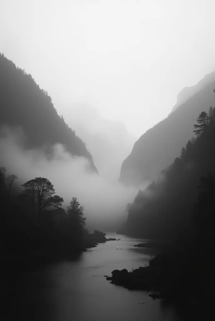 A black and white landscape with a nostalgic and mysterious air. Fuzzy mountains emerge from a thick fog, as a river meanders gently through the valley. Trees appear as blurry silhouettes, with branches that merge with the mist.  The sky is dramatic , with...