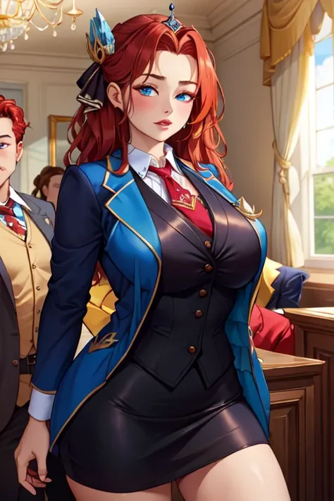 (masterpiece, best quality, absurdres, 4k, aesthetic, detailed, intricate),1girl,nikkecrwn,tiara, hair ribbon, long red drill hair, red hair, elegant Victorian-inspired outfit, victoria style dress, 
skirt suit, (((three-piece suit))), necktie, blazer, (((...