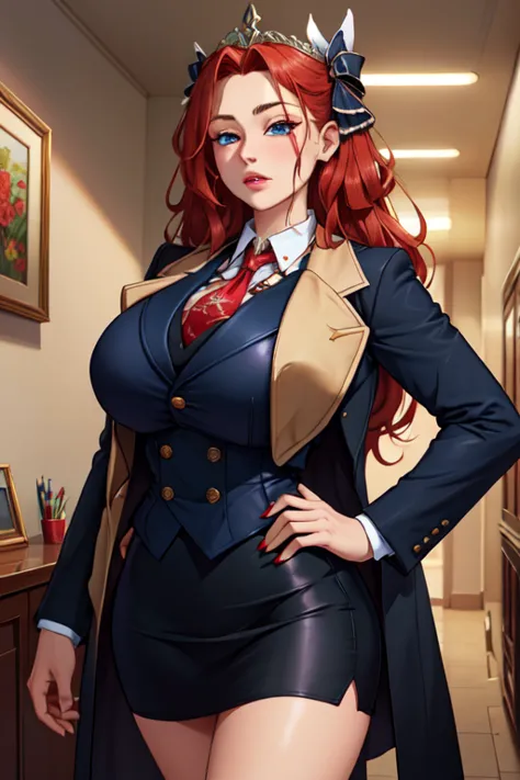 (masterpiece, best quality, absurdres, 4k, aesthetic, detailed, intricate),1girl,nikkecrwn,tiara, hair ribbon, long red drill hair, red hair, elegant Victorian-inspired outfit, victoria style dress, 
skirt suit, (((three-piece suit))), necktie, blazer, (((...