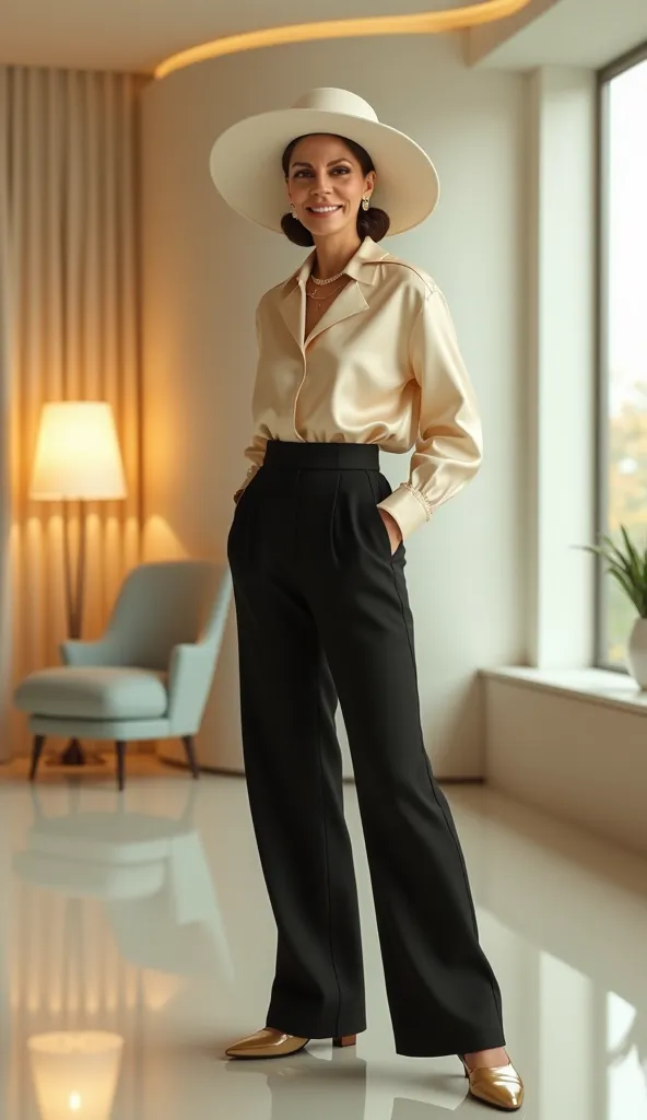 belle femme de 50 ans souriante en pantalon large noir taille haute, chemisier en soie beige, couturier courège portant un grand chapeau blanc, cheveux attaché, 1950's style in a retro futurism decor, 8k, lumiere pastel